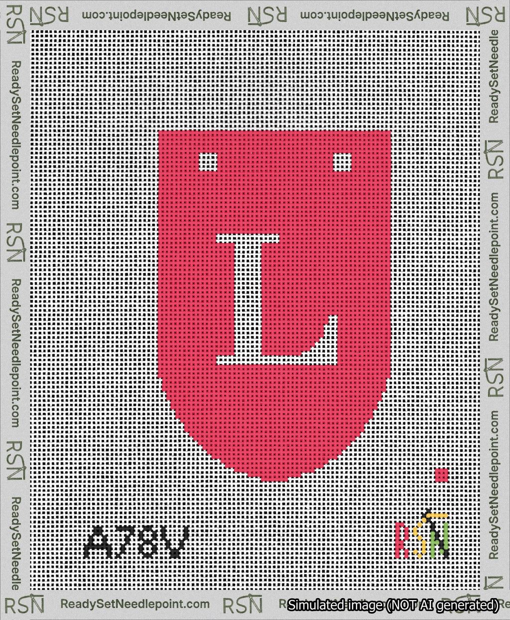 A taped needlepoint canvas with the design: Banner 13 mesh count Rounded L White on Red.