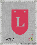 A taped needlepoint canvas with the design: Banner 13 mesh count Rounded L White on Red.