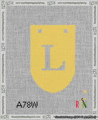 A taped needlepoint canvas with the design: Banner 13 mesh count Rounded L White on Yellow.