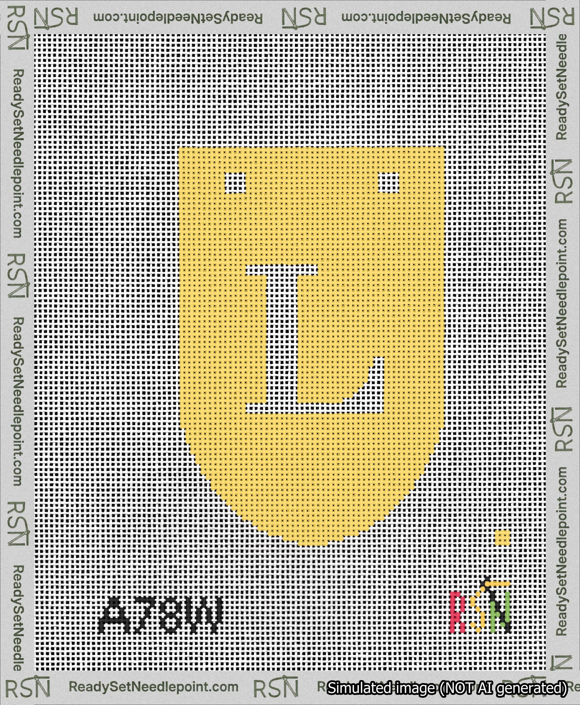 A taped needlepoint canvas with the design: Banner 13 mesh count Rounded L White on Yellow.