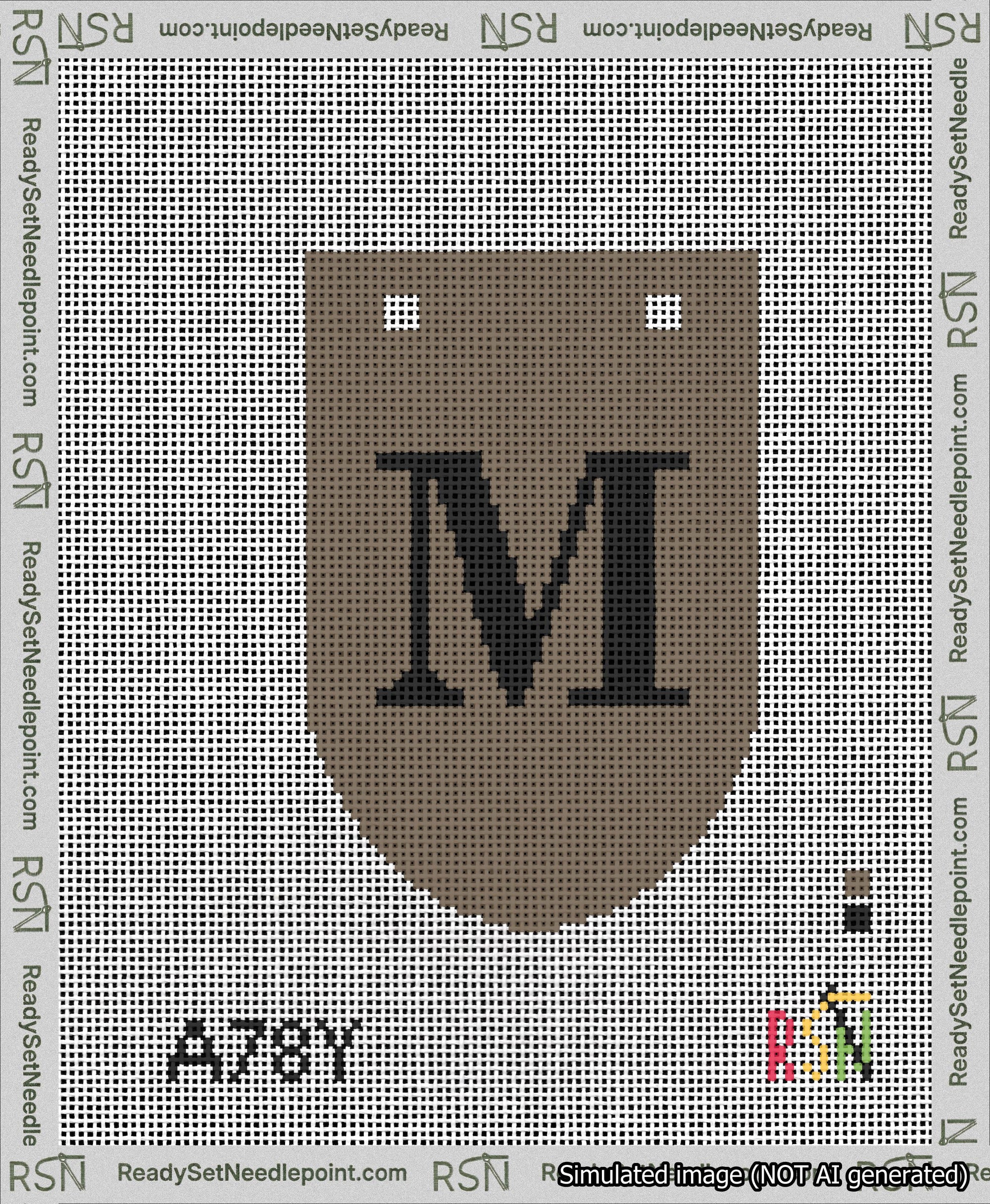 A taped needlepoint canvas with the design: Banner 13 mesh count Rounded M Black on Brown.