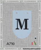 A taped needlepoint canvas with the design: Banner 13 mesh count Rounded M Black on Light Blue.