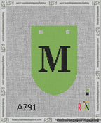 A taped needlepoint canvas with the design: Banner 13 mesh count Rounded M Black on Light Green.
