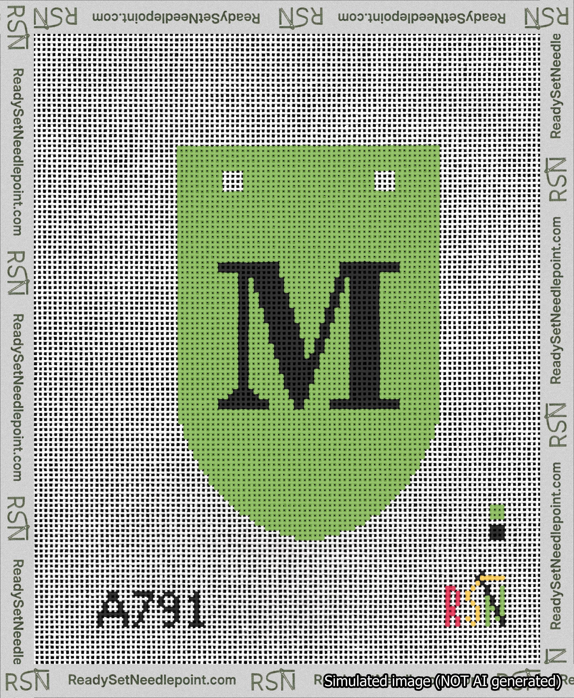 A taped needlepoint canvas with the design: Banner 13 mesh count Rounded M Black on Light Green.