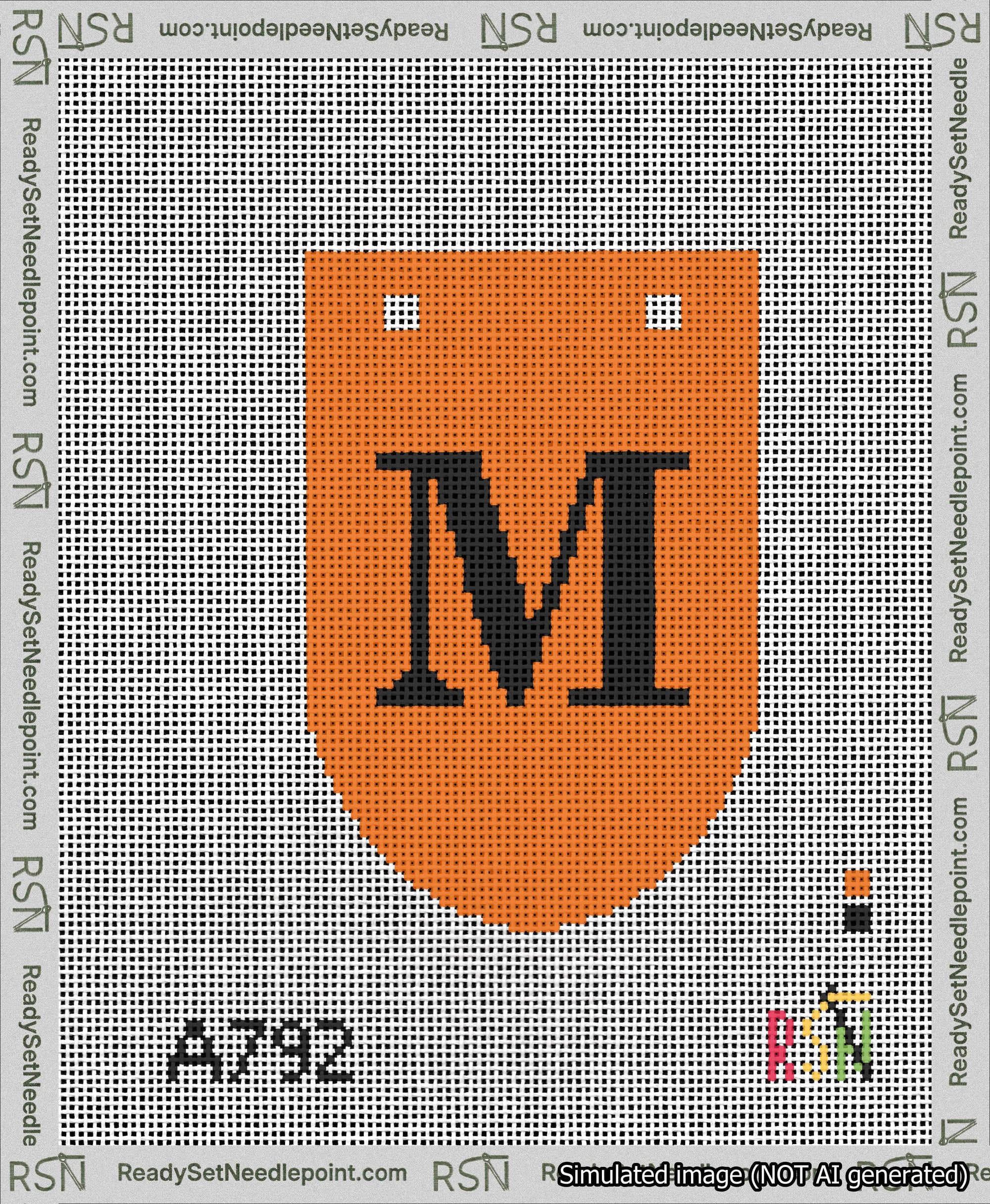 A taped needlepoint canvas with the design: Banner 13 mesh count Rounded M Black on Orange.