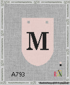 A taped needlepoint canvas with the design: Banner 13 mesh count Rounded M Black on Pink.