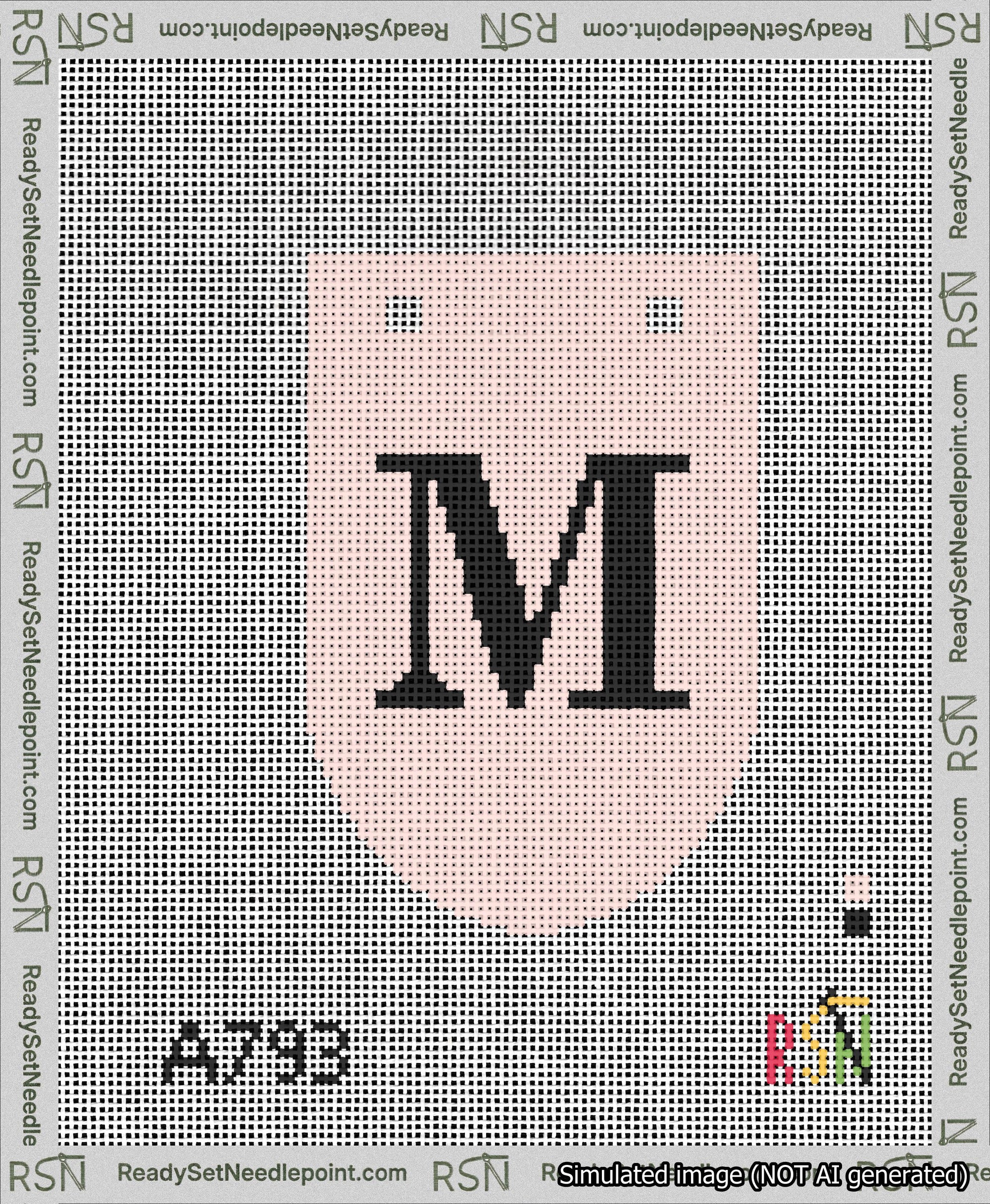 A taped needlepoint canvas with the design: Banner 13 mesh count Rounded M Black on Pink.