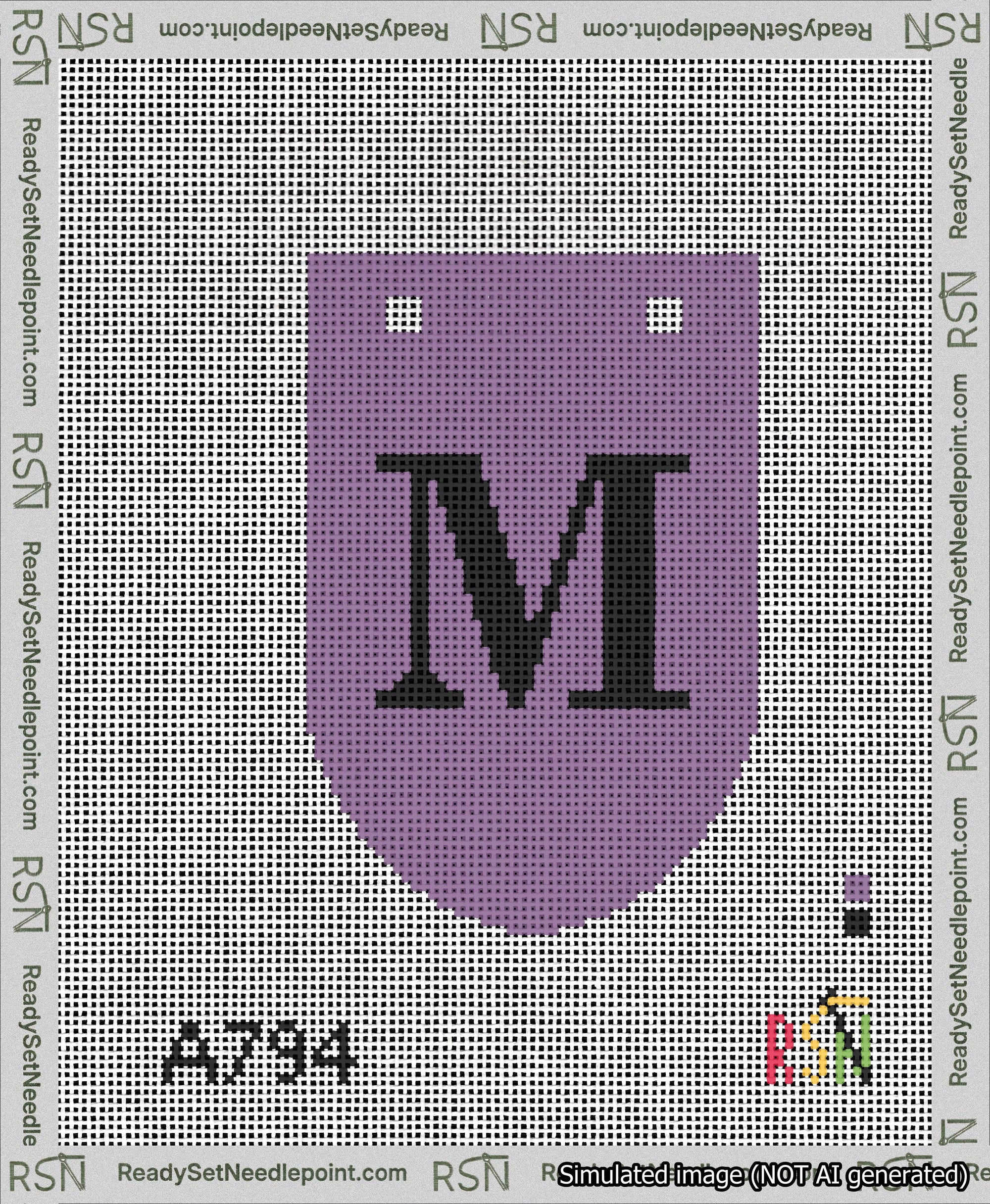 A taped needlepoint canvas with the design: Banner 13 mesh count Rounded M Black on Purple.