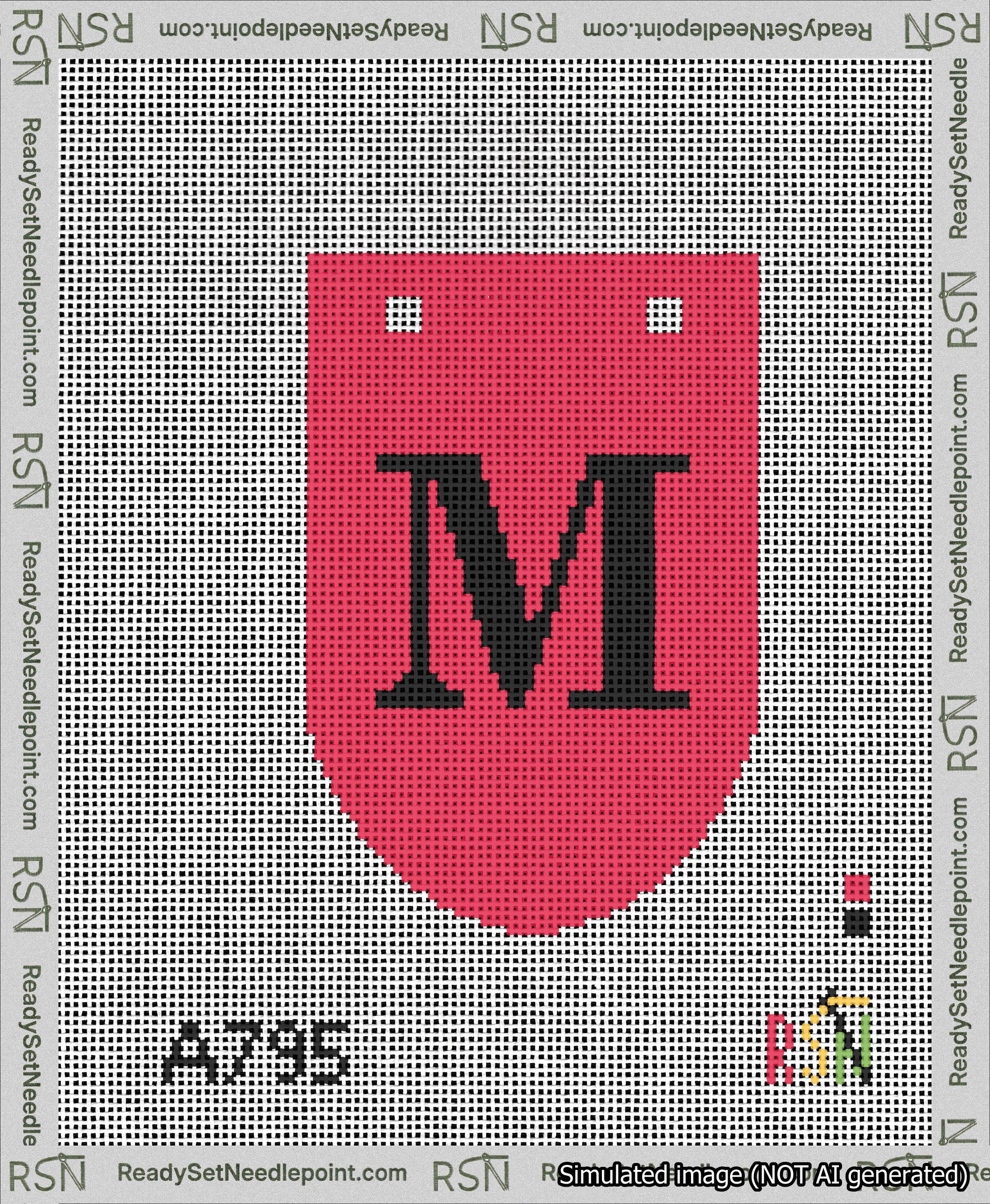 A taped needlepoint canvas with the design: Banner 13 mesh count Rounded M Black on Red.
