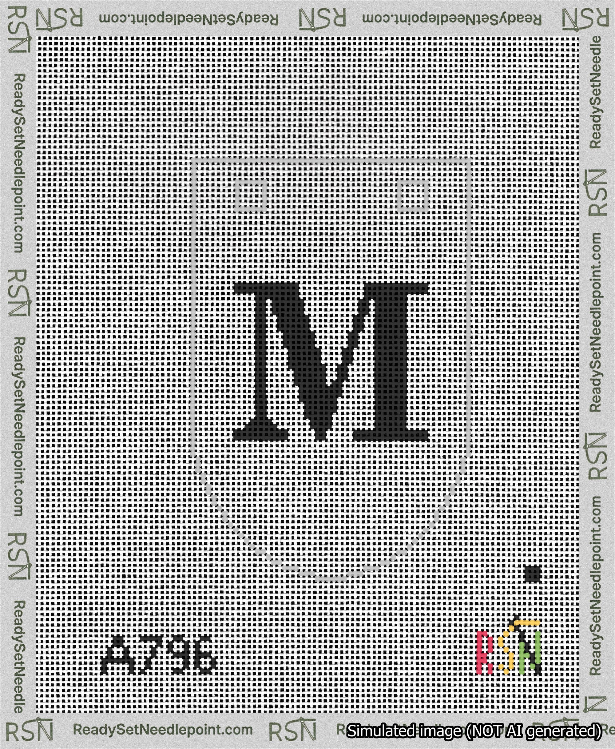 A taped needlepoint canvas with the design: Banner 13 mesh count Rounded M Black on White.