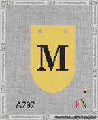 A taped needlepoint canvas with the design: Banner 13 mesh count Rounded M Black on Yellow.