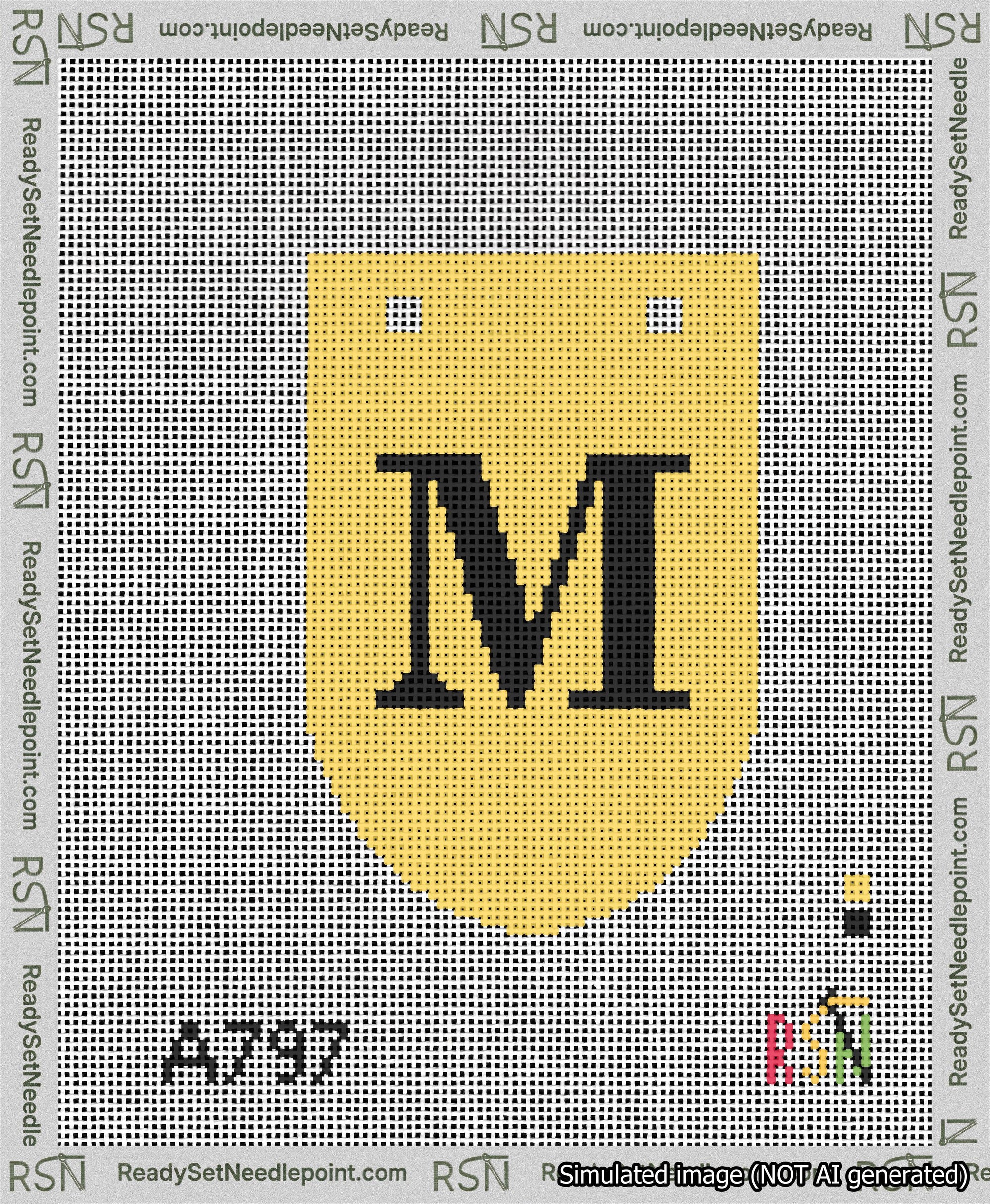 A taped needlepoint canvas with the design: Banner 13 mesh count Rounded M Black on Yellow.