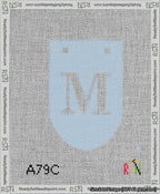 A taped needlepoint canvas with the design: Banner 13 mesh count Rounded M White on Light Blue.