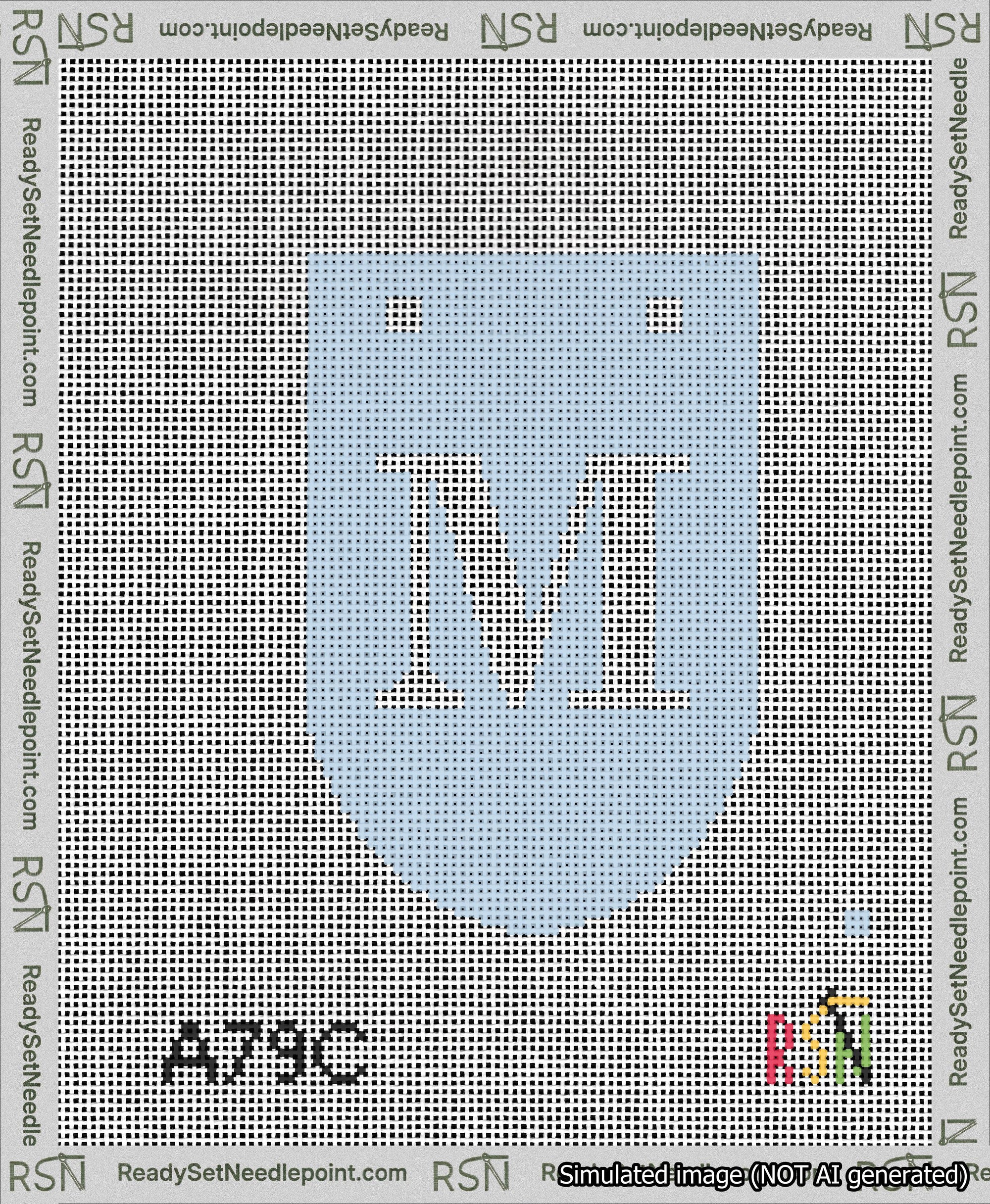 A taped needlepoint canvas with the design: Banner 13 mesh count Rounded M White on Light Blue.