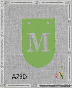 A taped needlepoint canvas with the design: Banner 13 mesh count Rounded M White on Light Green.