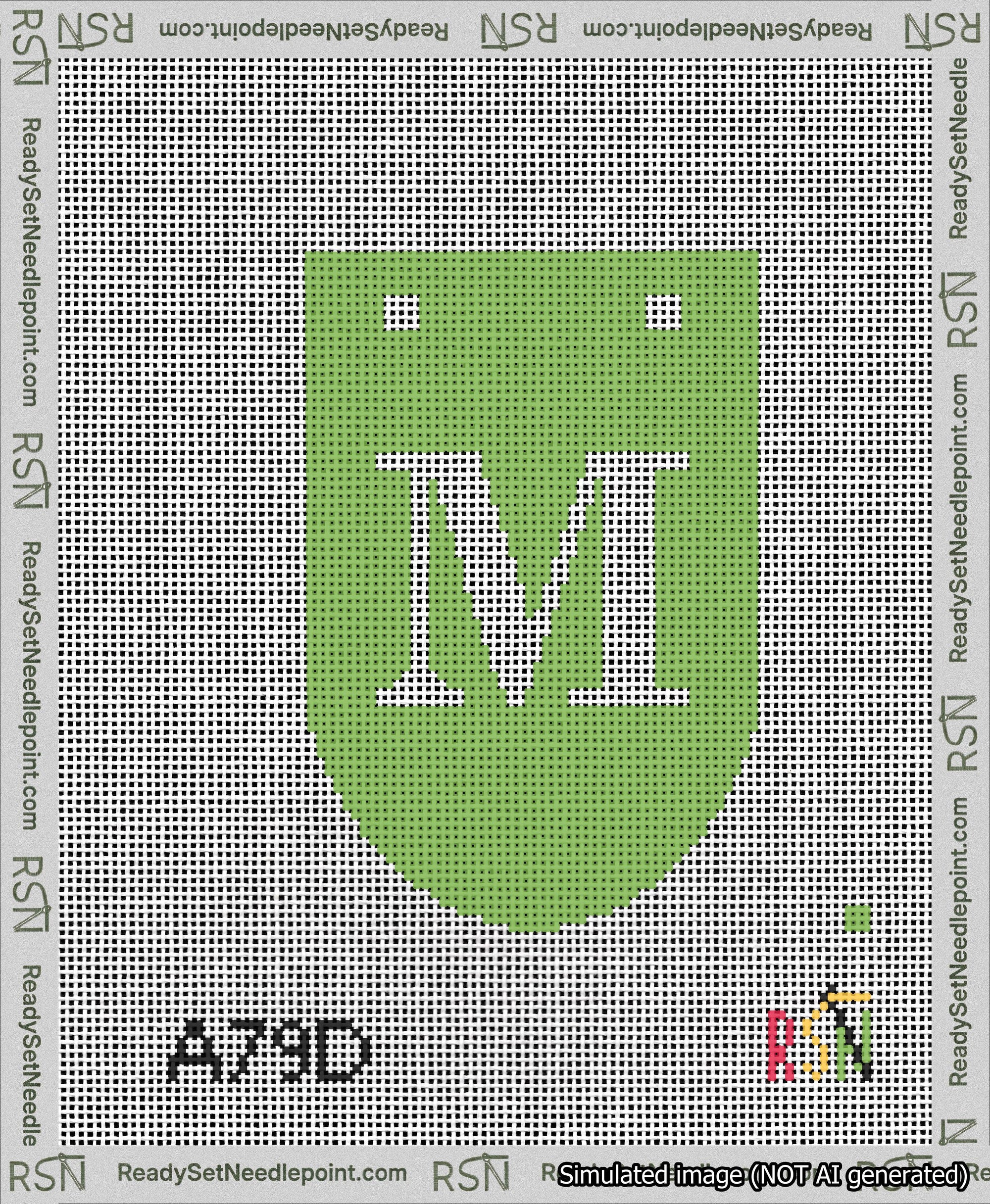 A taped needlepoint canvas with the design: Banner 13 mesh count Rounded M White on Light Green.