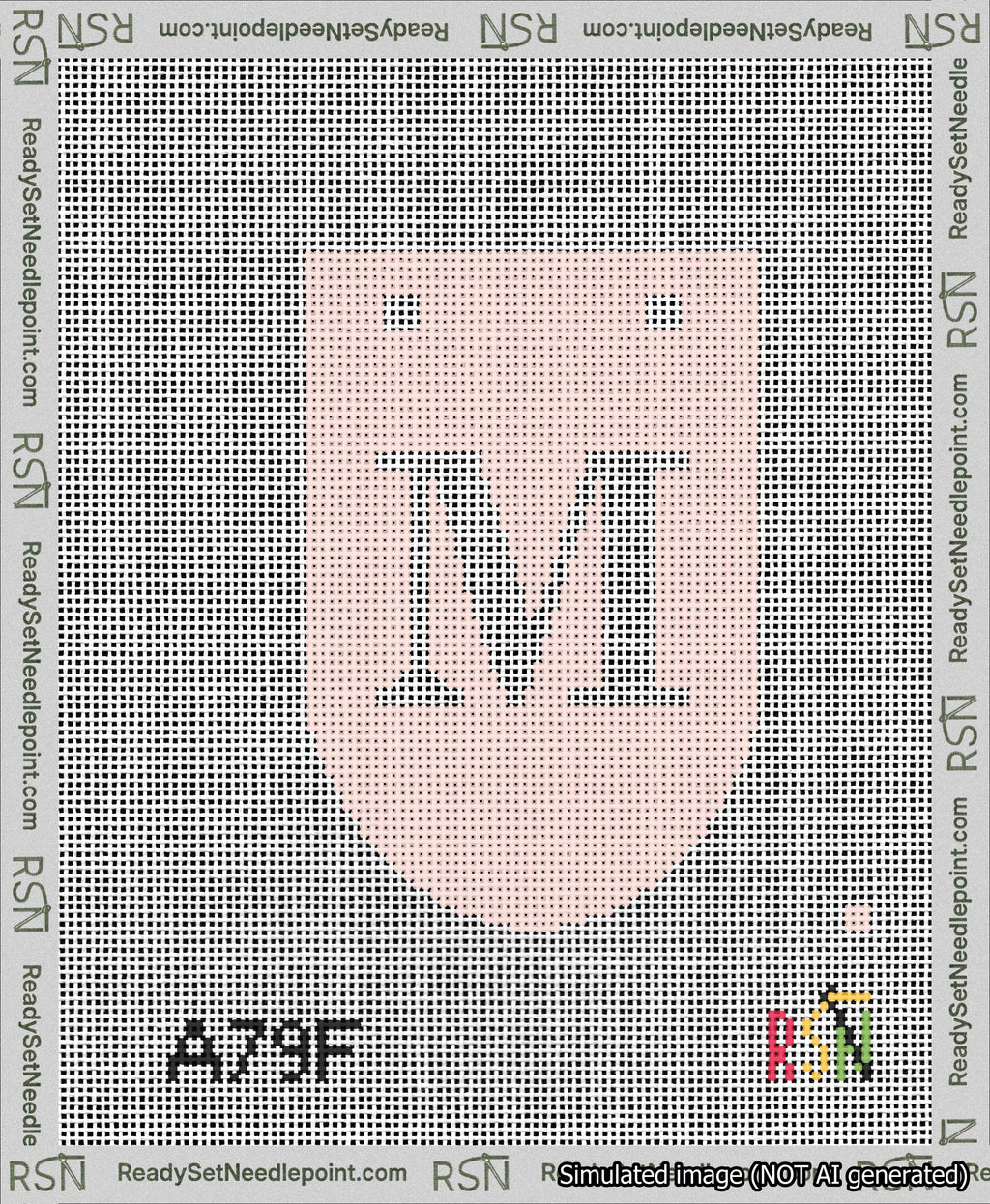 A taped needlepoint canvas with the design: Banner 13 mesh count Rounded M White on Pink.