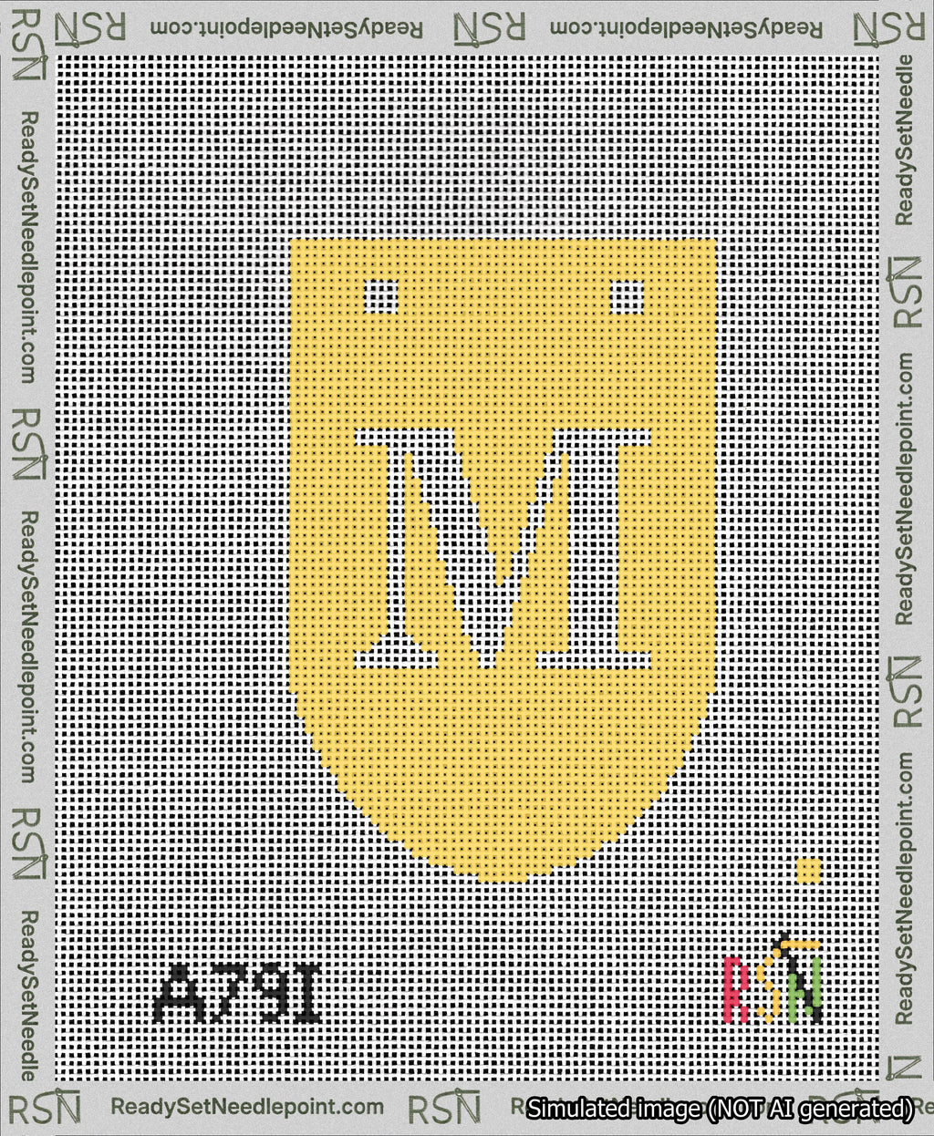 A taped needlepoint canvas with the design: Banner 13 mesh count Rounded M White on Yellow.