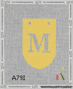 A taped needlepoint canvas with the design: Banner 13 mesh count Rounded M White on Yellow.