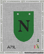 A taped needlepoint canvas with the design: Banner 13 mesh count Rounded N Black on Green.