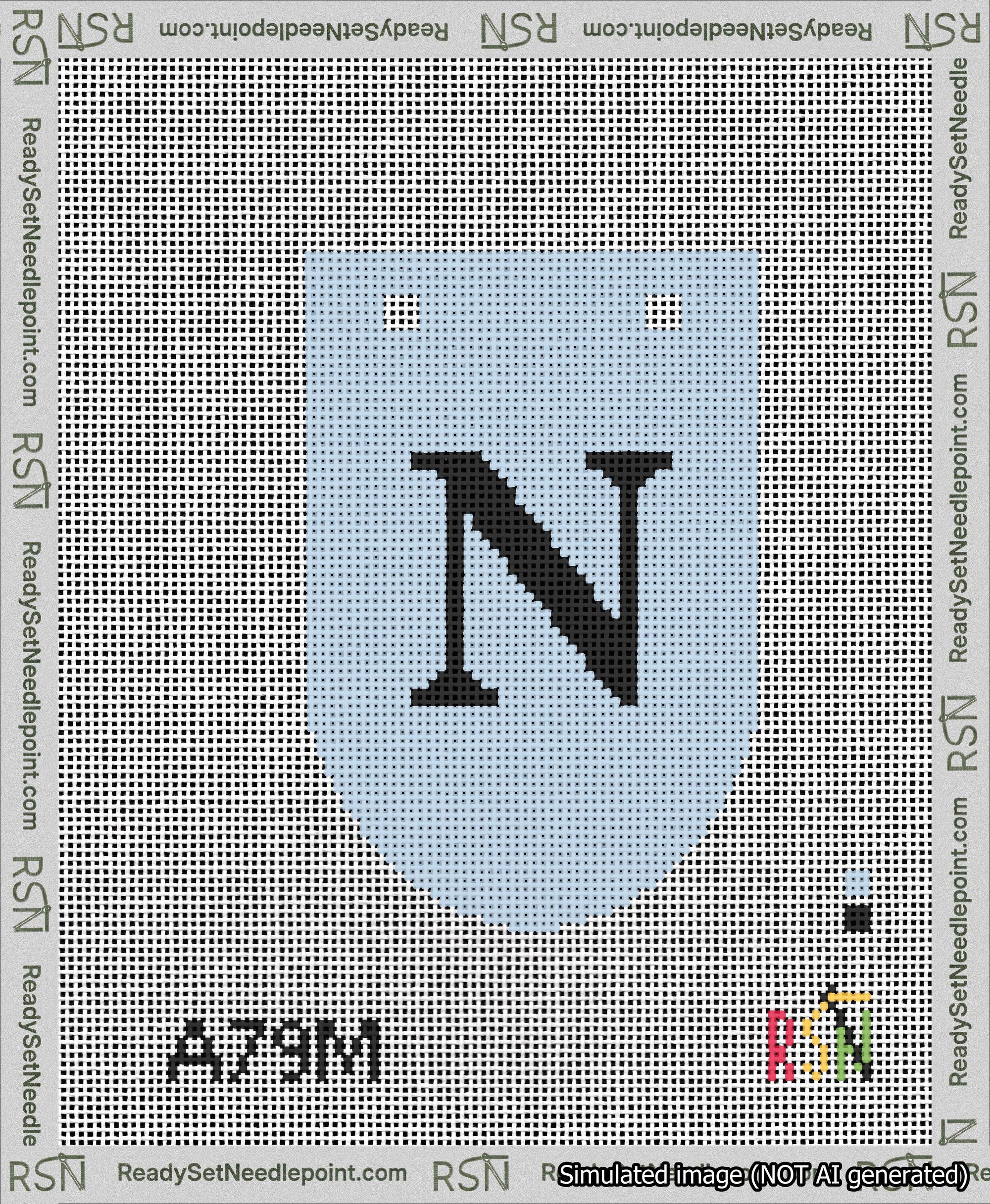 A taped needlepoint canvas with the design: Banner 13 mesh count Rounded N Black on Light Blue.