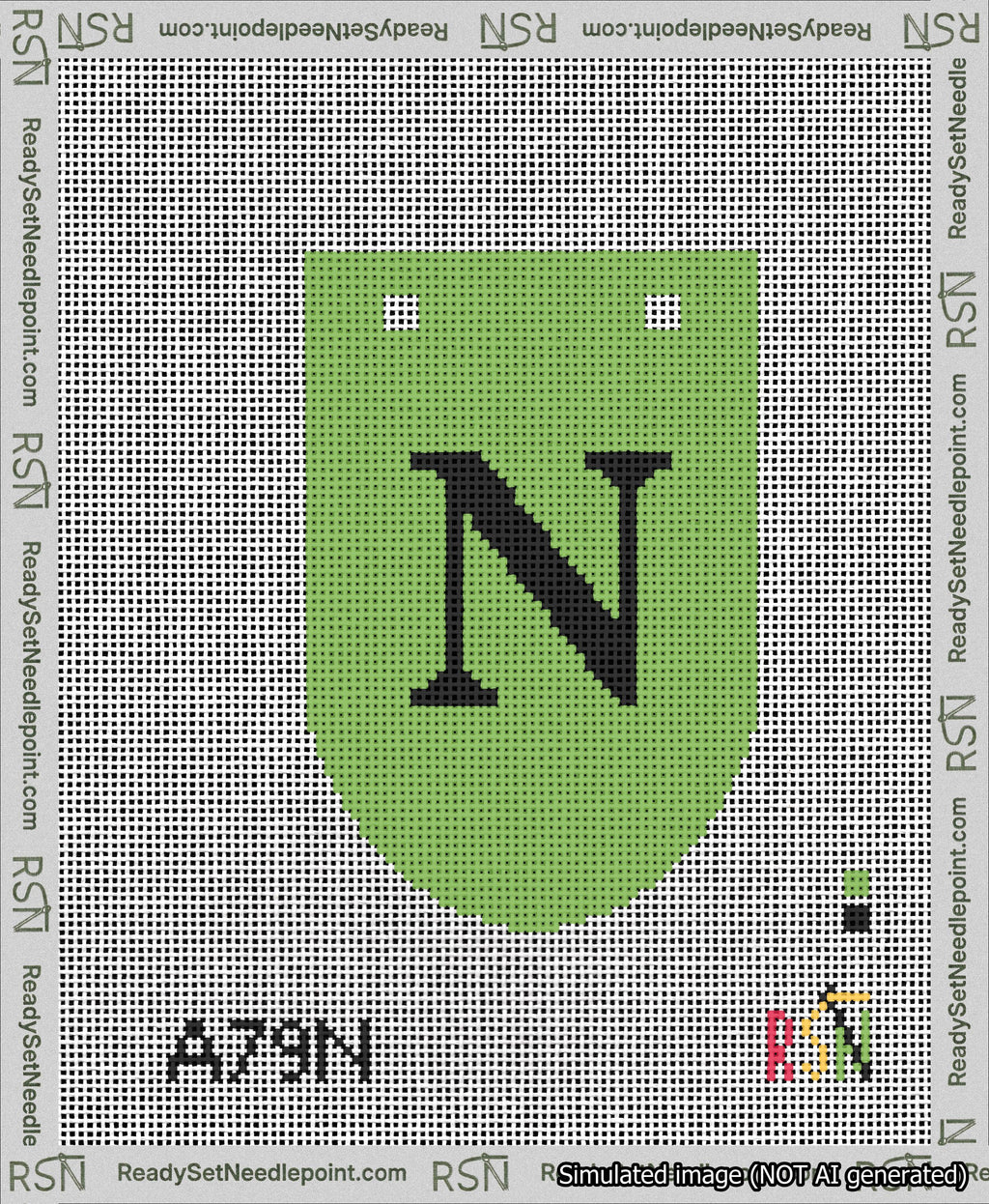 A taped needlepoint canvas with the design: Banner 13 mesh count Rounded N Black on Light Green.