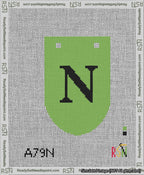 A taped needlepoint canvas with the design: Banner 13 mesh count Rounded N Black on Light Green.