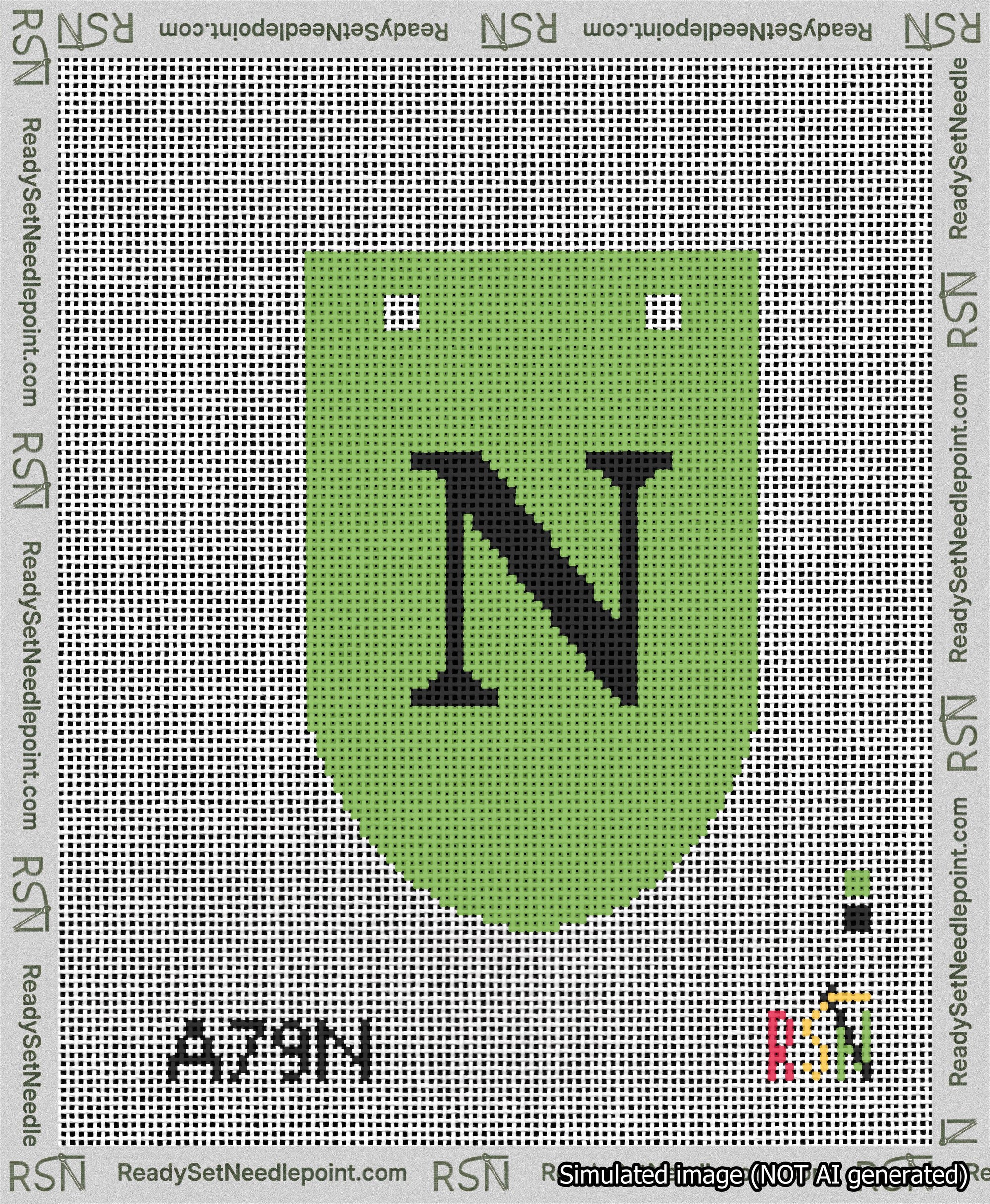 A taped needlepoint canvas with the design: Banner 13 mesh count Rounded N Black on Light Green.
