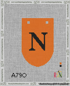 A taped needlepoint canvas with the design: Banner 13 mesh count Rounded N Black on Orange.