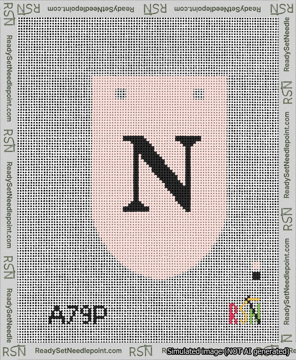 A taped needlepoint canvas with the design: Banner 13 mesh count Rounded N Black on Pink.