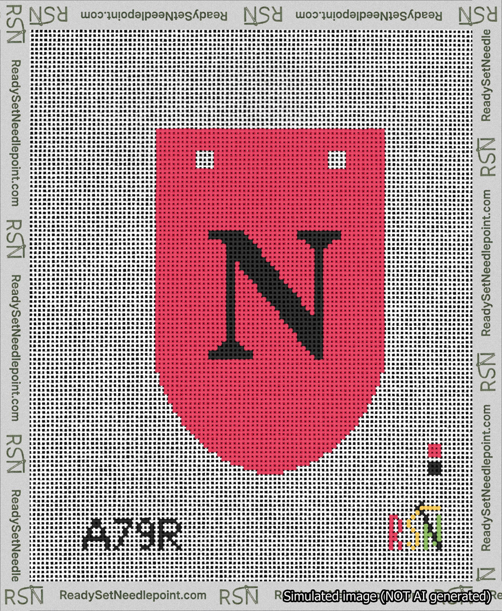 A taped needlepoint canvas with the design: Banner 13 mesh count Rounded N Black on Red.