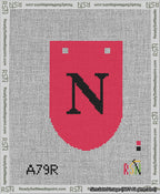 A taped needlepoint canvas with the design: Banner 13 mesh count Rounded N Black on Red.