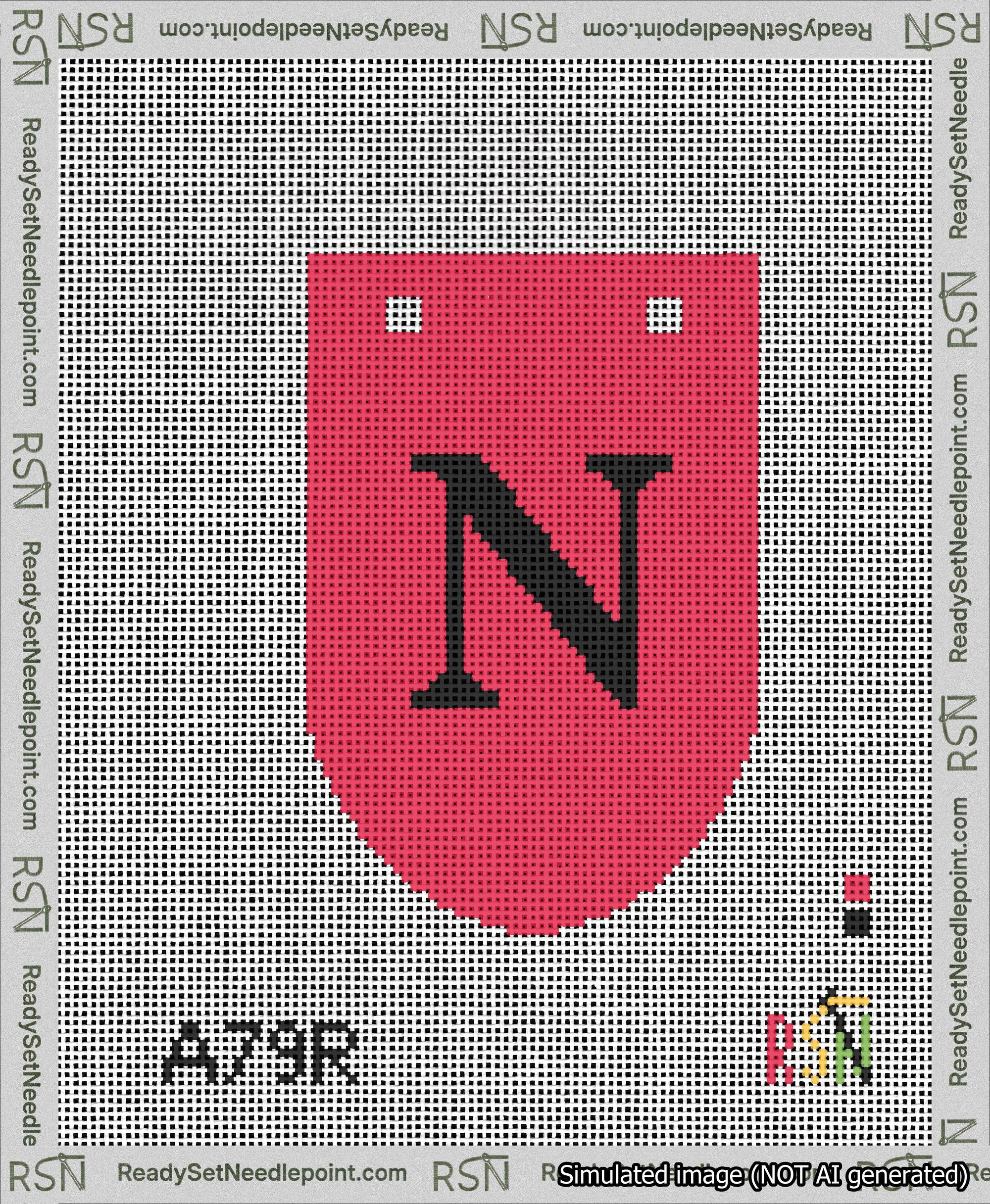 A taped needlepoint canvas with the design: Banner 13 mesh count Rounded N Black on Red.