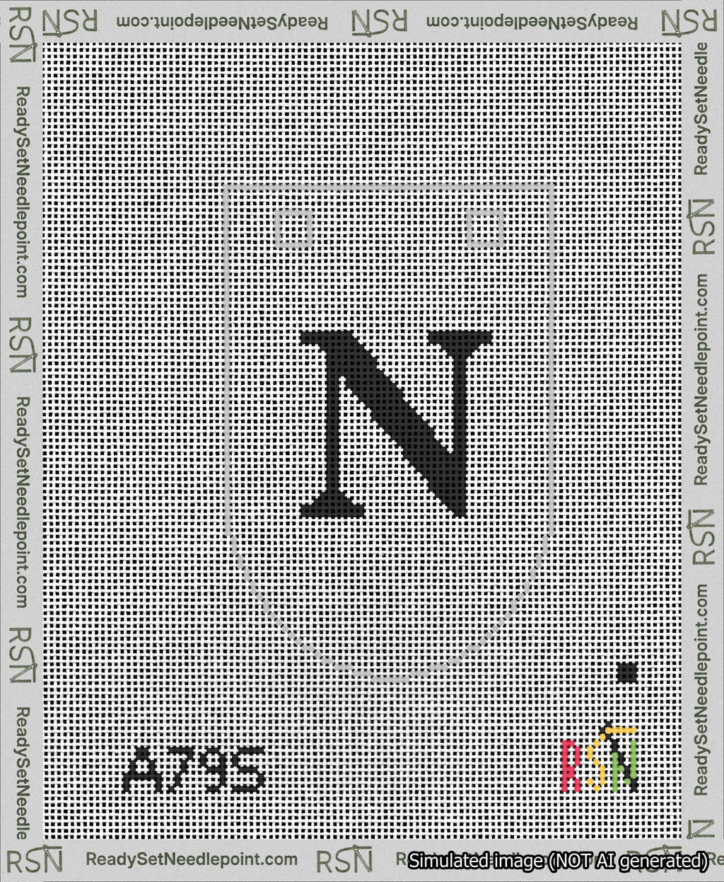 A taped needlepoint canvas with the design: Banner 13 mesh count Rounded N Black on White.