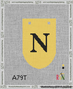 A taped needlepoint canvas with the design: Banner 13 mesh count Rounded N Black on Yellow.