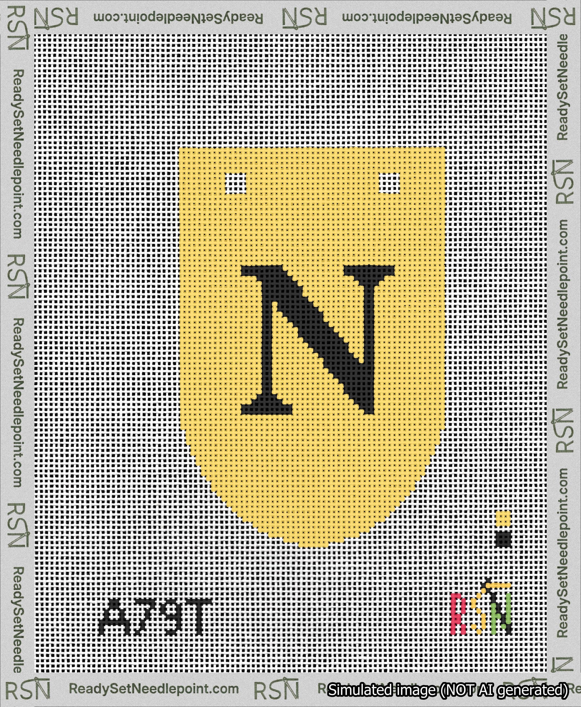 A taped needlepoint canvas with the design: Banner 13 mesh count Rounded N Black on Yellow.