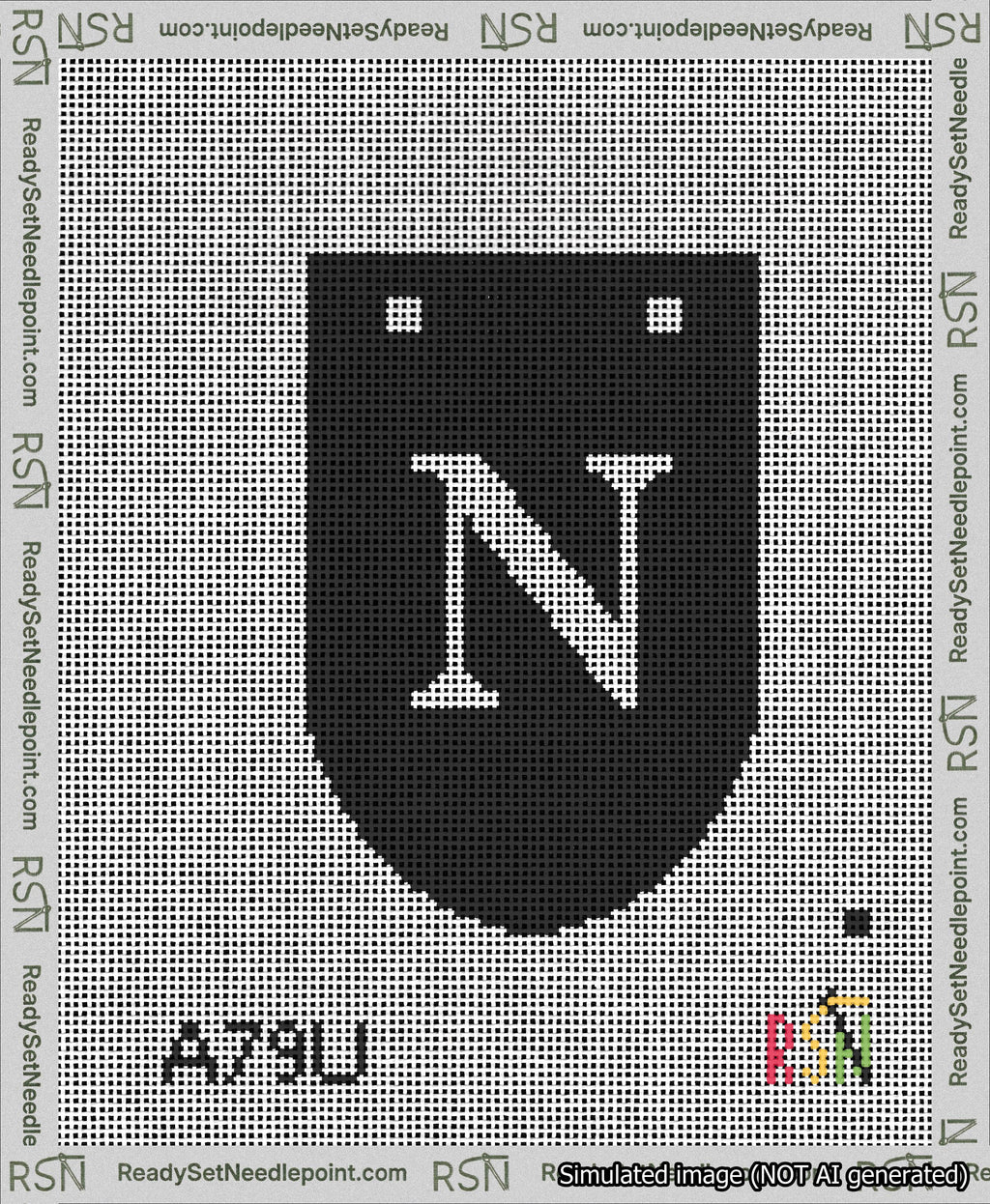 A taped needlepoint canvas with the design: Banner 13 mesh count Rounded N White on Black.
