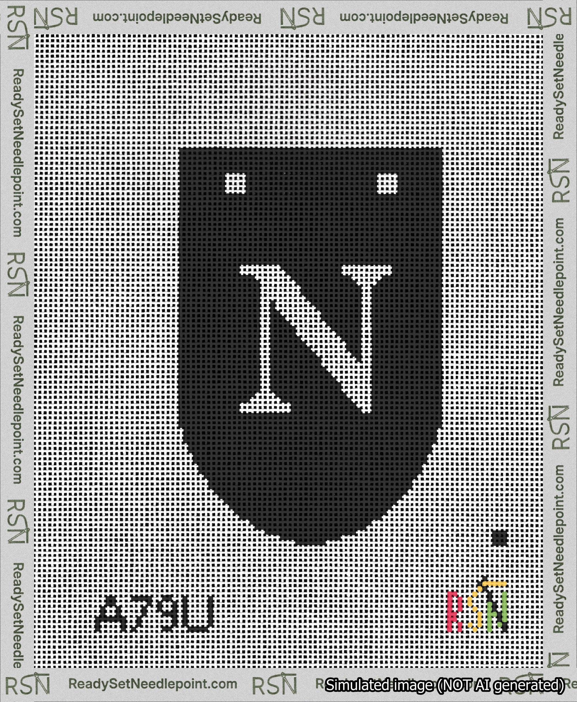 A taped needlepoint canvas with the design: Banner 13 mesh count Rounded N White on Black.