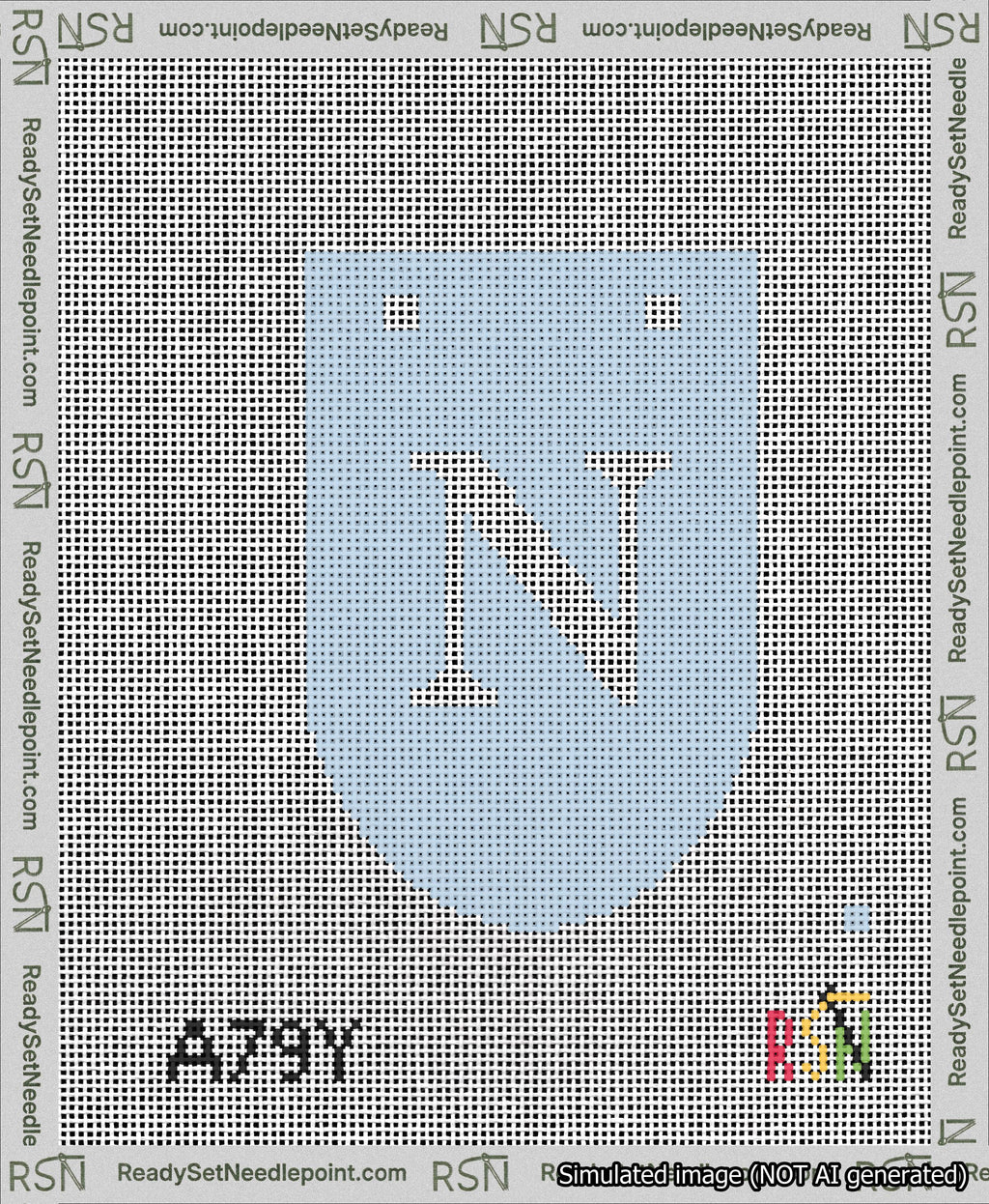 A taped needlepoint canvas with the design: Banner 13 mesh count Rounded N White on Light Blue.
