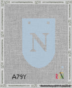 A taped needlepoint canvas with the design: Banner 13 mesh count Rounded N White on Light Blue.