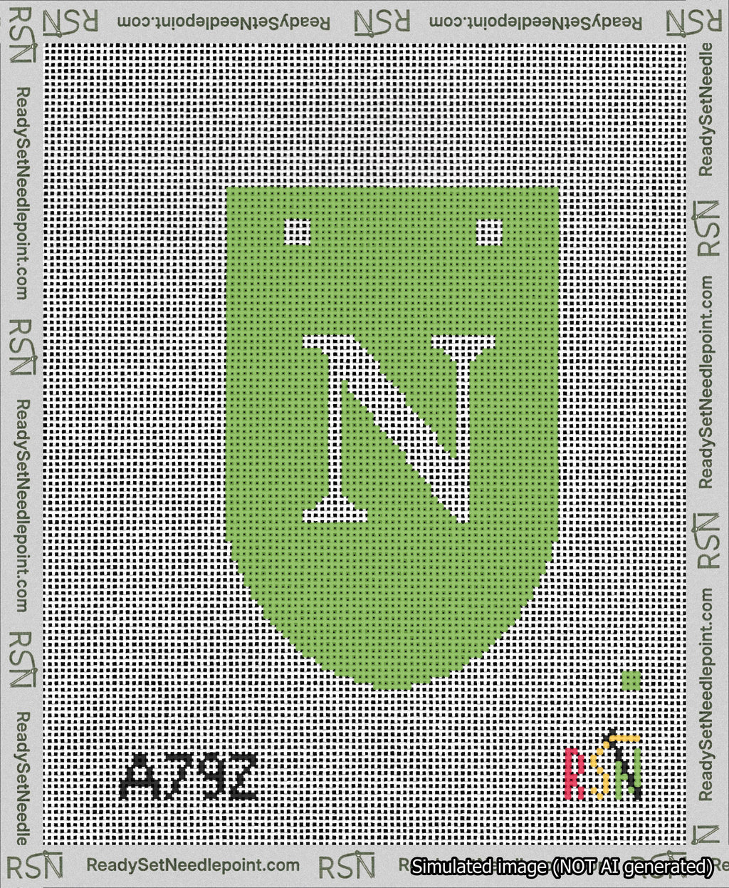 A taped needlepoint canvas with the design: Banner 13 mesh count Rounded N White on Light Green.