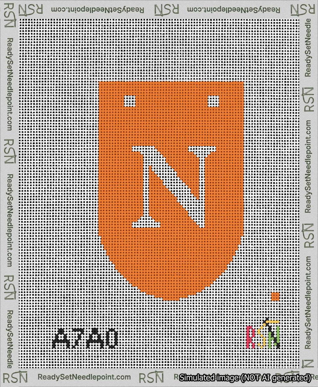 A taped needlepoint canvas with the design: Banner 13 mesh count Rounded N White on Orange.