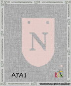 A taped needlepoint canvas with the design: Banner 13 mesh count Rounded N White on Pink.