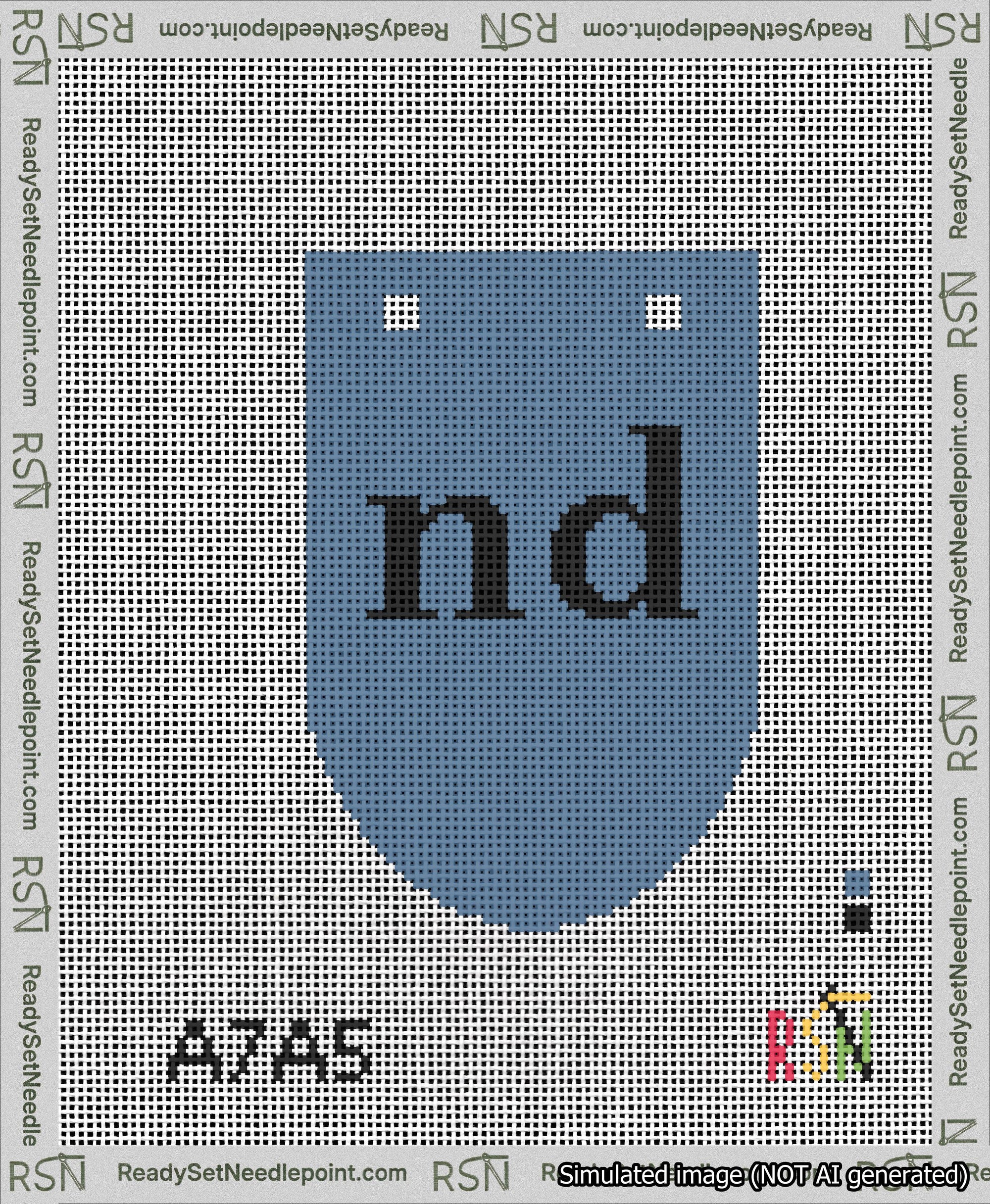 A taped needlepoint canvas with the design: Banner 13 mesh count Rounded nd Black on Blue.