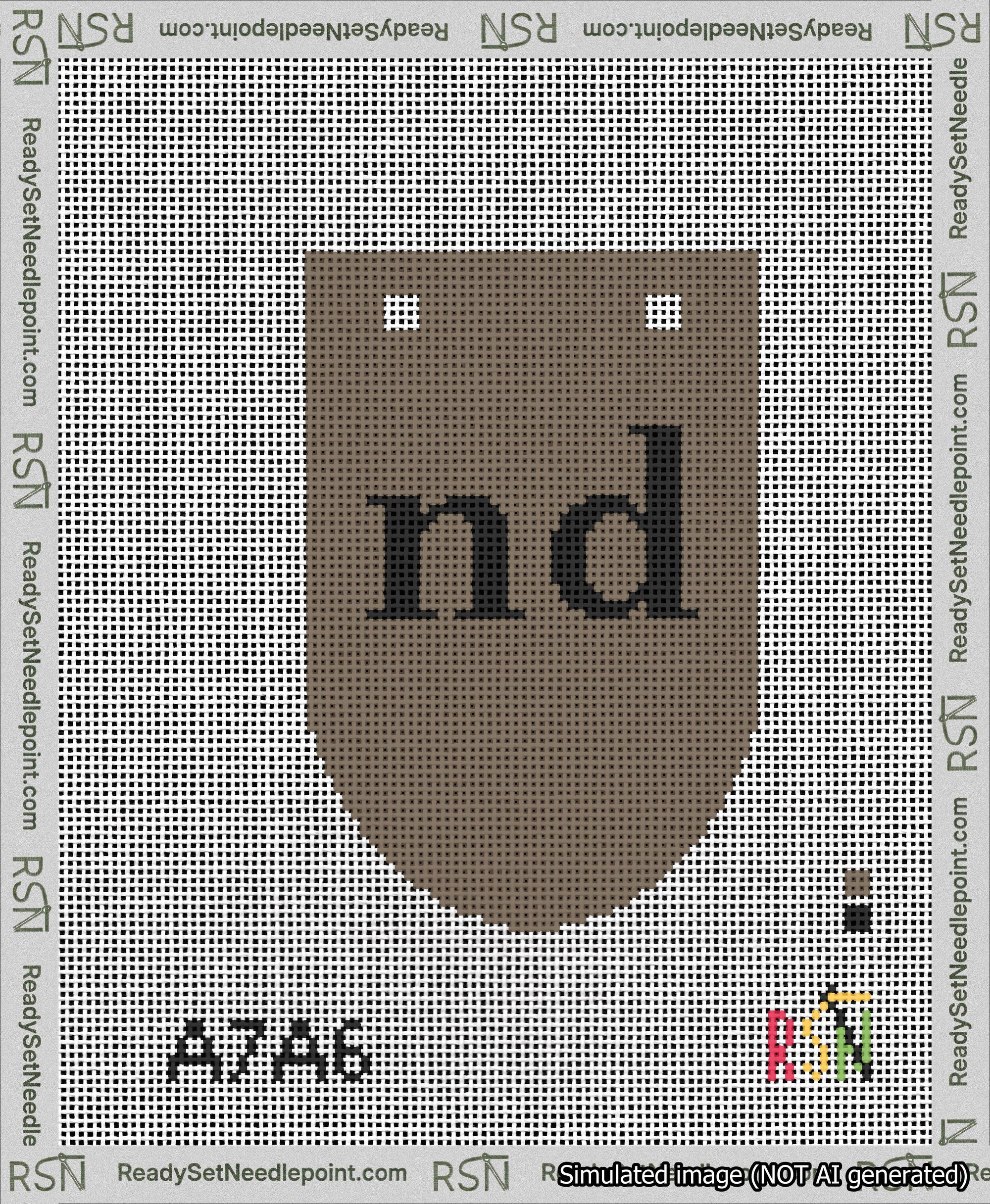 A taped needlepoint canvas with the design: Banner 13 mesh count Rounded nd Black on Brown.