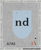 A taped needlepoint canvas with the design: Banner 13 mesh count Rounded nd Black on Light Blue.