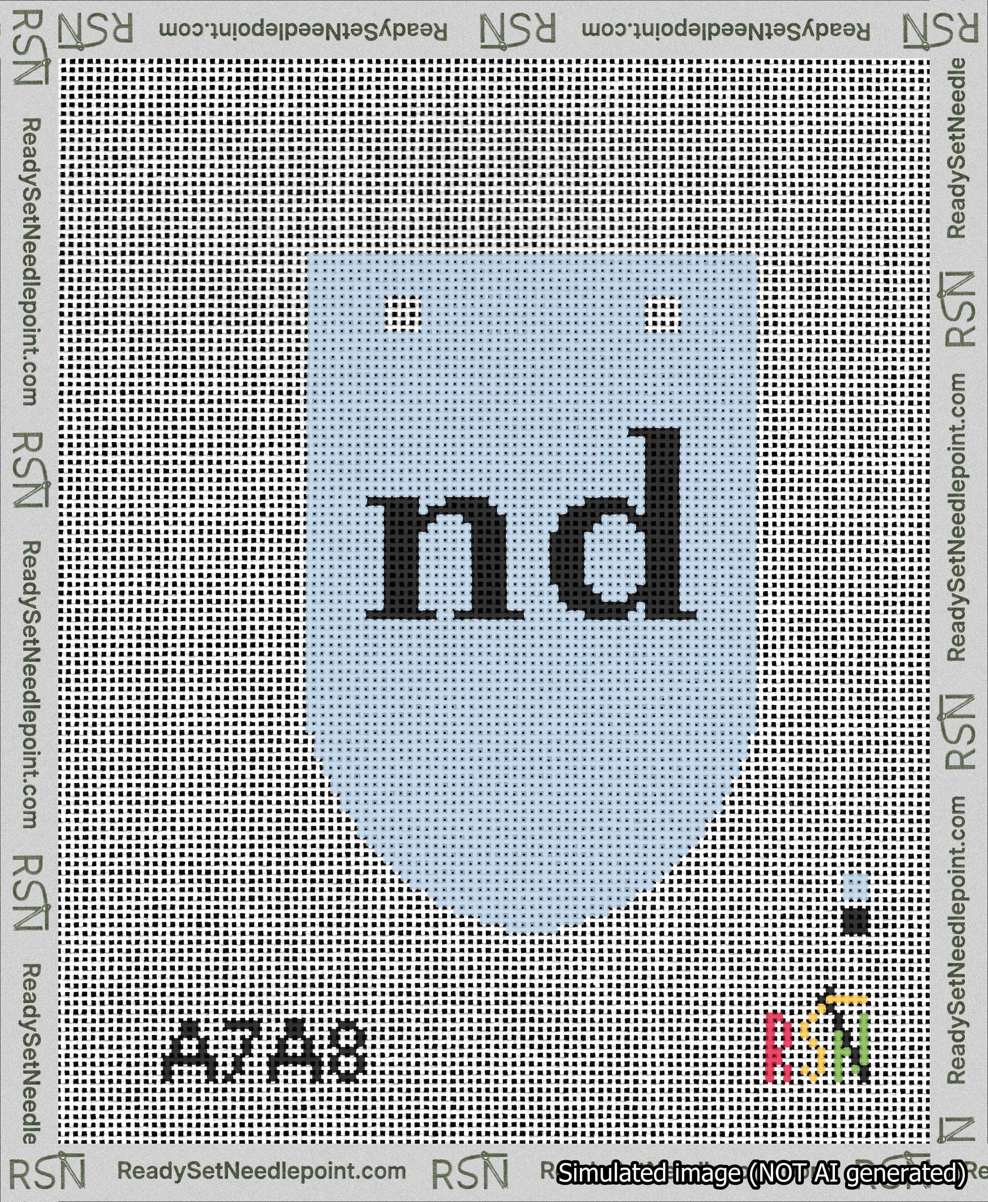 A taped needlepoint canvas with the design: Banner 13 mesh count Rounded nd Black on Light Blue.