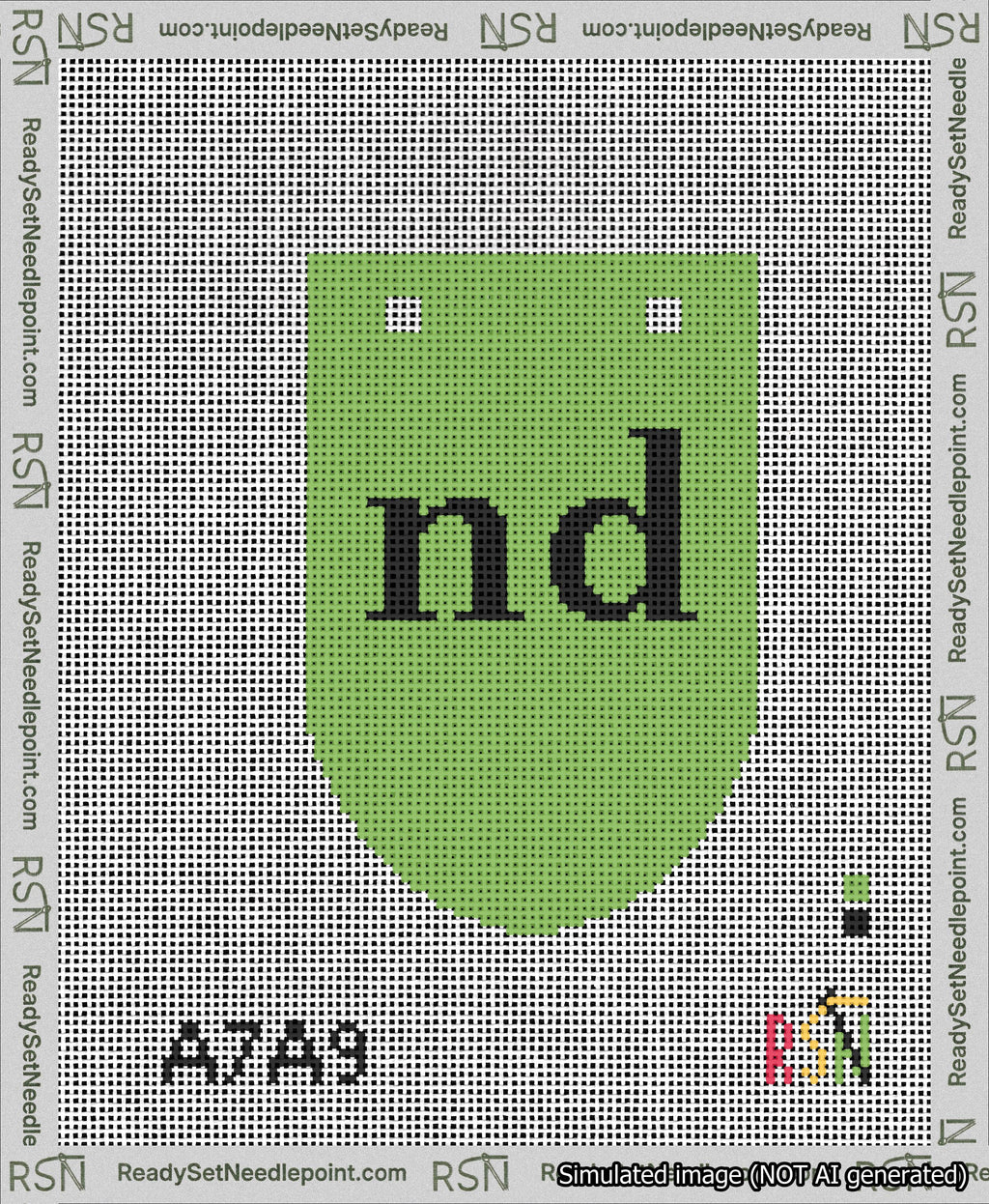 A taped needlepoint canvas with the design: Banner 13 mesh count Rounded nd Black on Light Green.