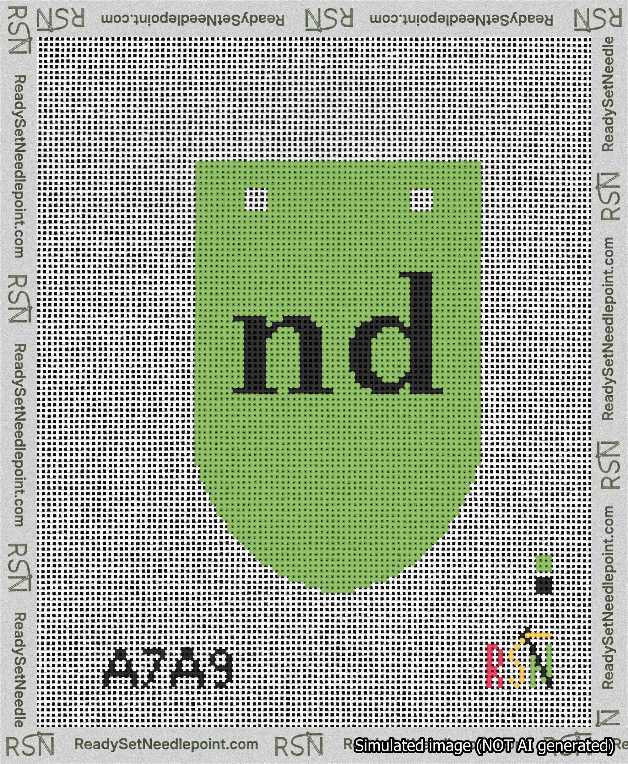 A taped needlepoint canvas with the design: Banner 13 mesh count Rounded nd Black on Light Green.