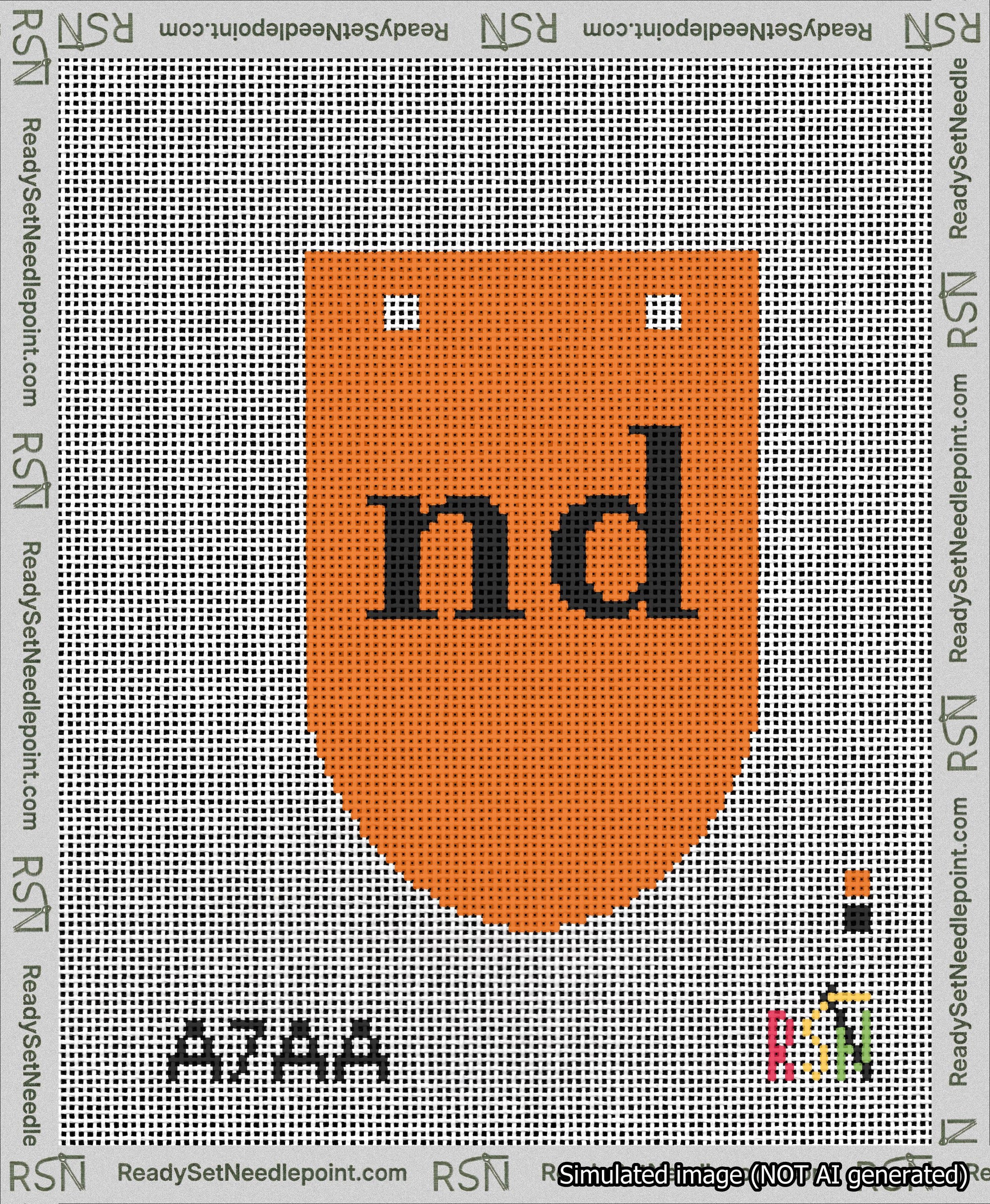 A taped needlepoint canvas with the design: Banner 13 mesh count Rounded nd Black on Orange.